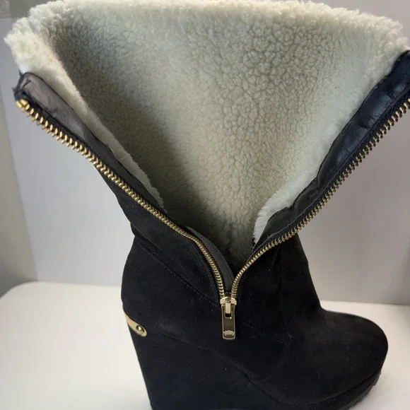 JUICY COUTURE Jckasia Black Suede Faux Fur Lining Mid Calf Wedge Boots Sz 6 - Picture 7 of 9
